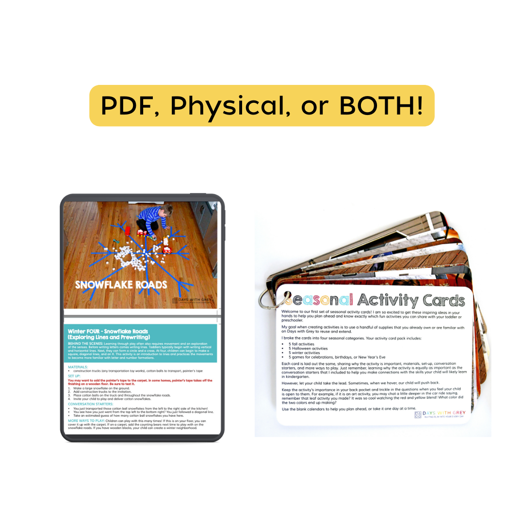 Preschool activity cards for fall, Halloween, winter, and celebrations.