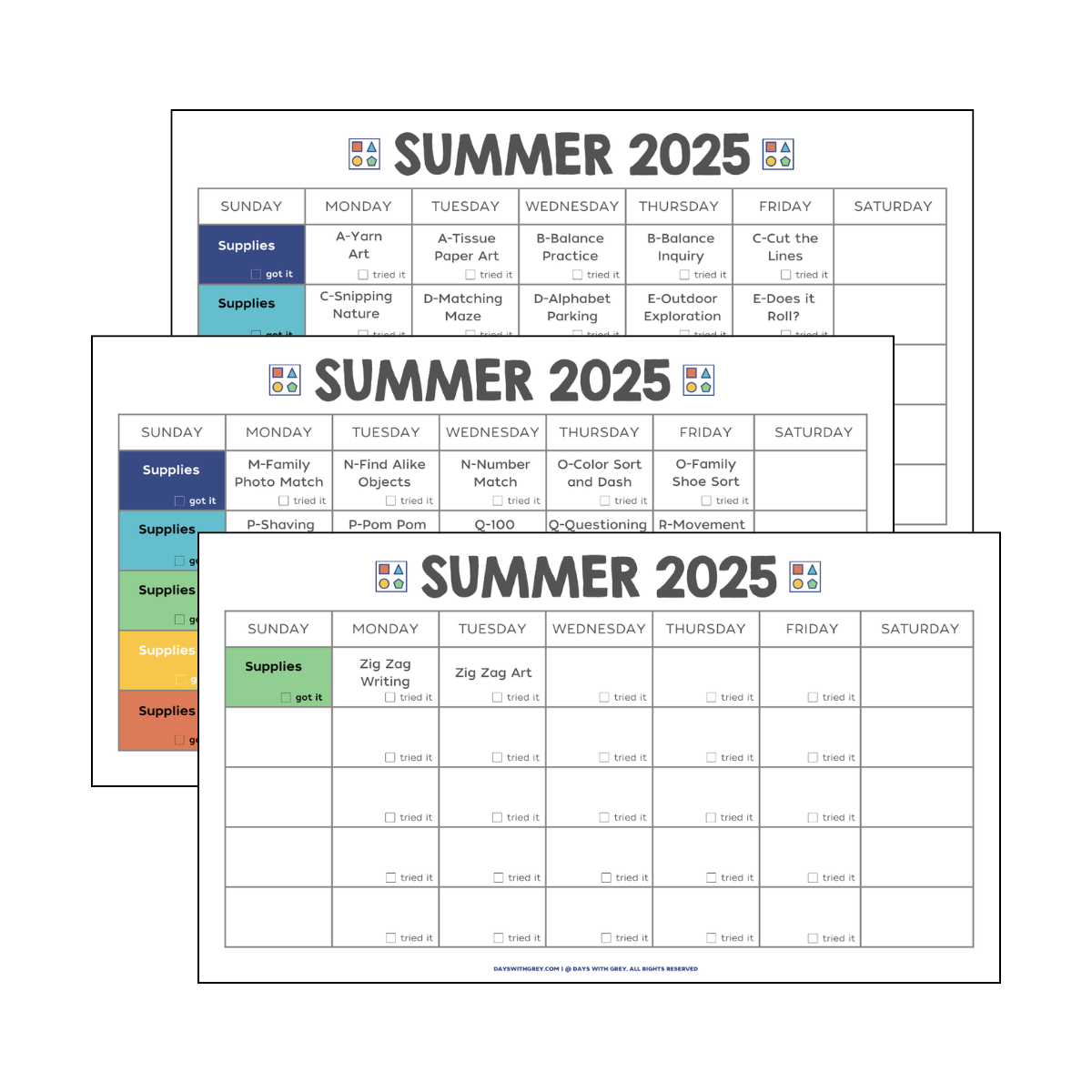 Summer calendar of ideas for kids at home for summer.